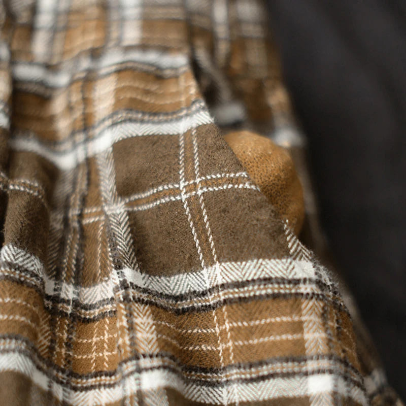 Plus-Size Elegant Skirt with Pockets, Elastic Waist, Artistic Retro Brushed Cotton Plaid A-Line Skirt