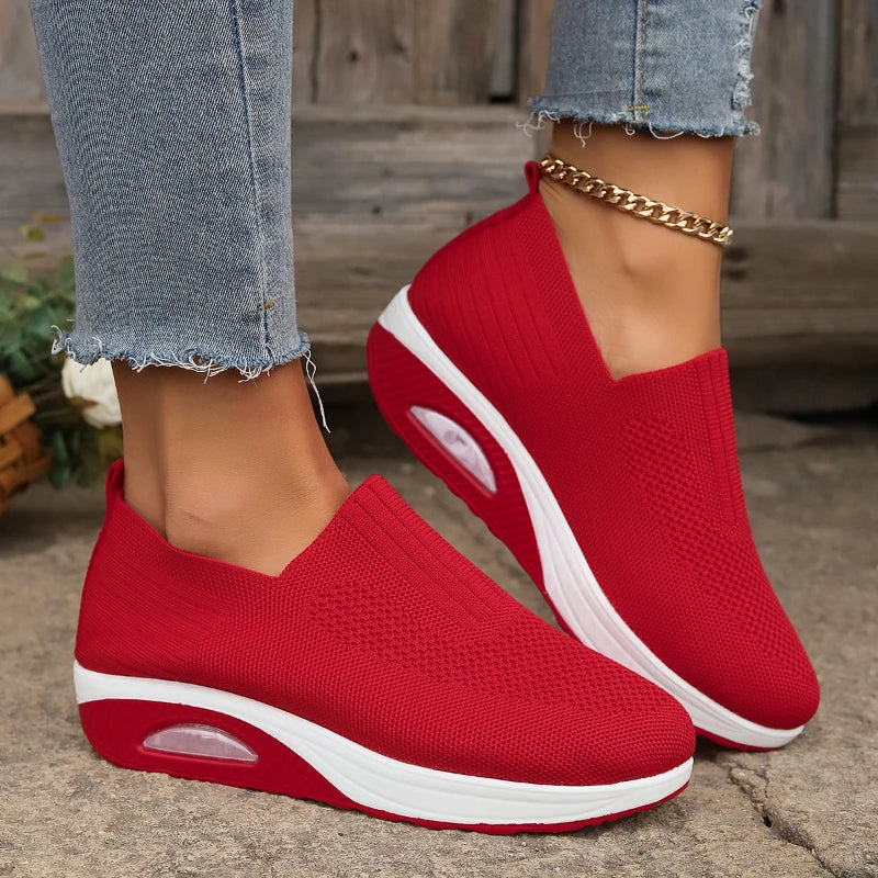 2025 Women's Shoes Slip on Sneakers Platform Solid Color Casual Shoes New Knit Ladies Vulcanized Shoe Wedges Women Walking Shoes