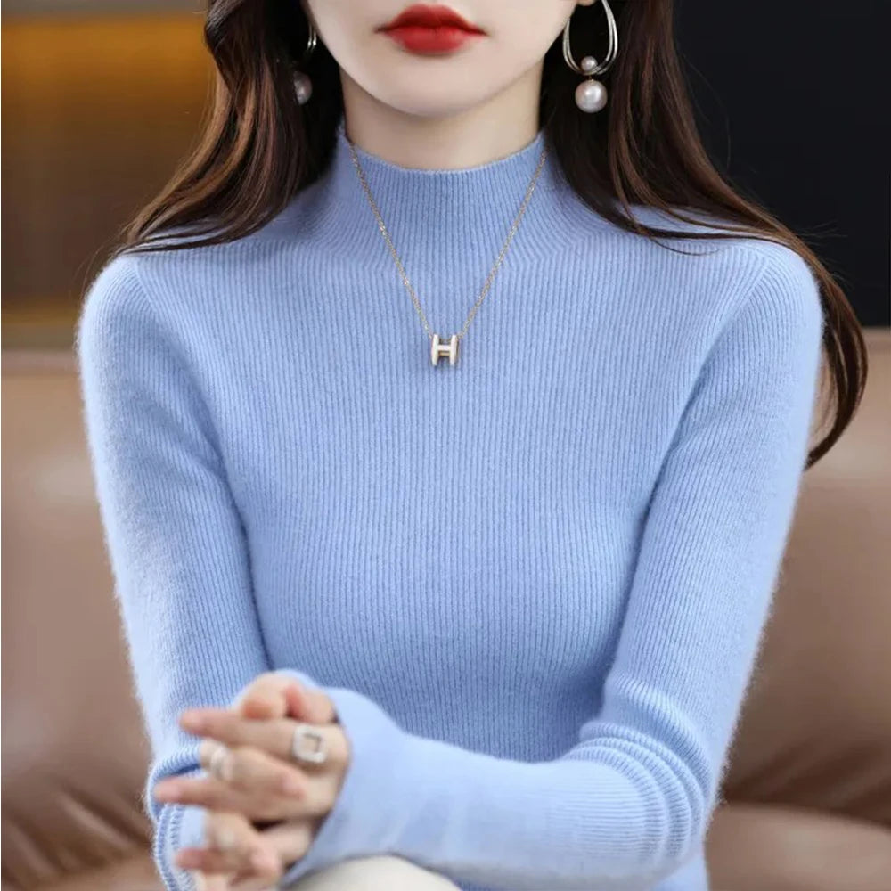 Temperament Pleated Pullover Sweater For Women Long-Sleeve Female S-2XL Siz Half High Collar Underlay Sleeve Sweater Slim Fit