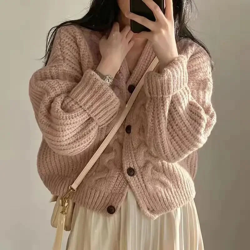 Fashion Knitted Cardigan Women V-nek Loose Sweater Casual Winter Warm Long Sleeve Coats Autumn Elegant Solid Color Knitted Tops