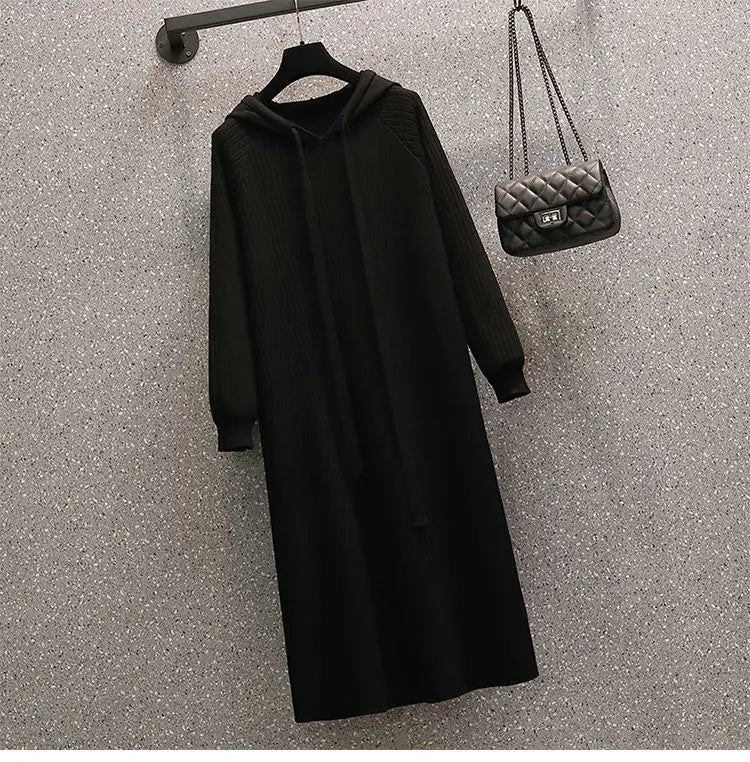Plus Size 5XL 150KG Casual Women Knitted Maxi Dress Spring Elegant Ribbed Long Sleeve Dress Ladies Hooded Dress