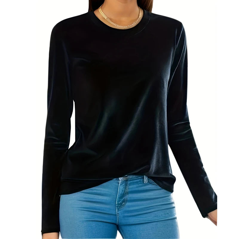 Plus Size Women's Tops 2025 New Solid Color Round Neck Long Sleeve Shirt Slim Stretchy Blouse Casual Loose Fit Tunic Top 1XL-5XL