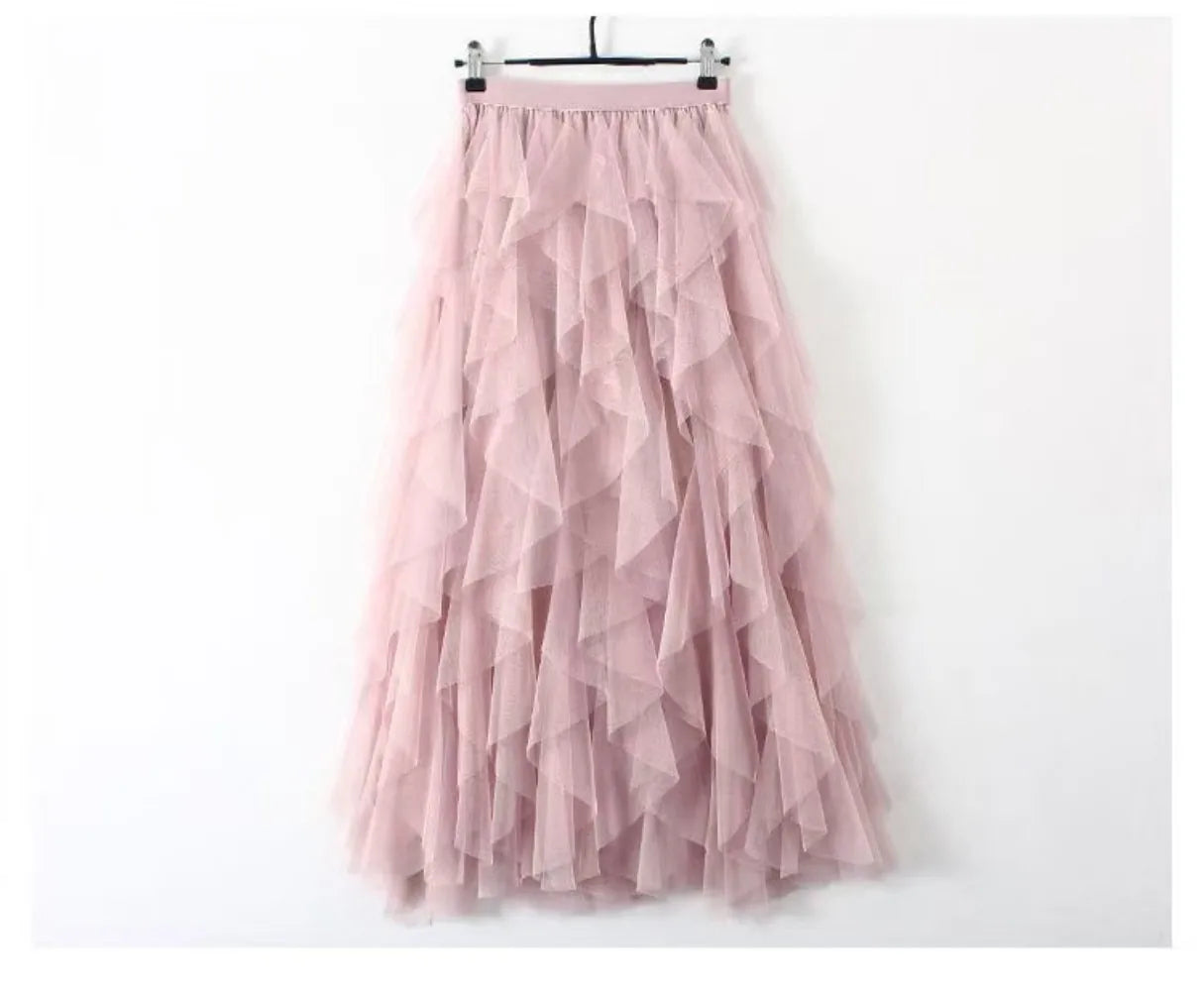2025 New Fashion Tutu Tulle Skirt Women Long Maxi Skirt Spring Summer Korean Black Pink High Waist Pleated Skirt Female One Size