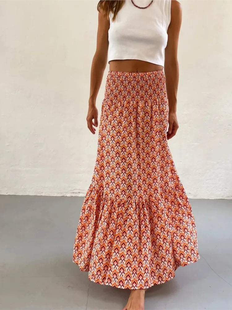 Elastic Waist Floral Print Boho Midi Skirt