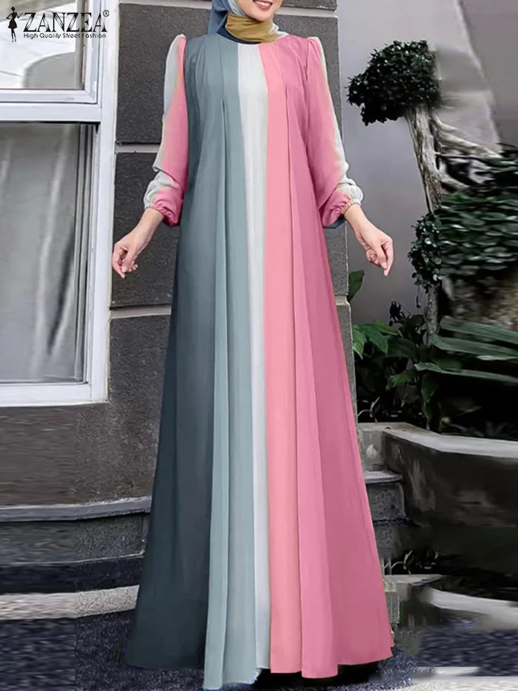 ZANZEA Elegant Women Long Sleeve Contrast Color Robe Maxi Dress Muslim Abaya Hijab Dresses Pleated Vestidos Eid Mubarek Sundress