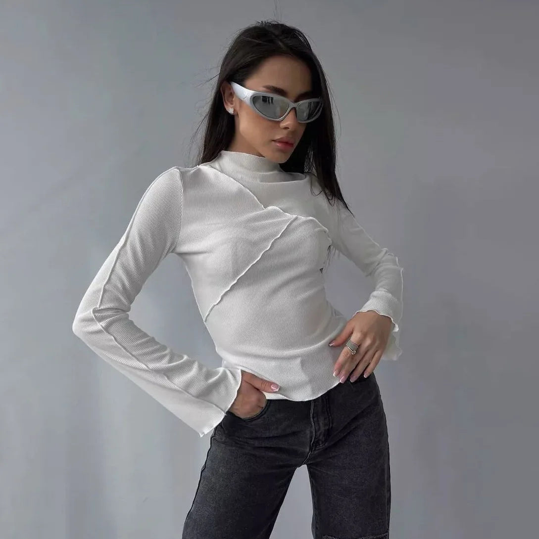 Long Sleeve T-shirts Women Round Neck Line Irregular Hem Knitted Flared Sleeves Autumn Bottoming Tee Chic Fashion Sexy Solid New