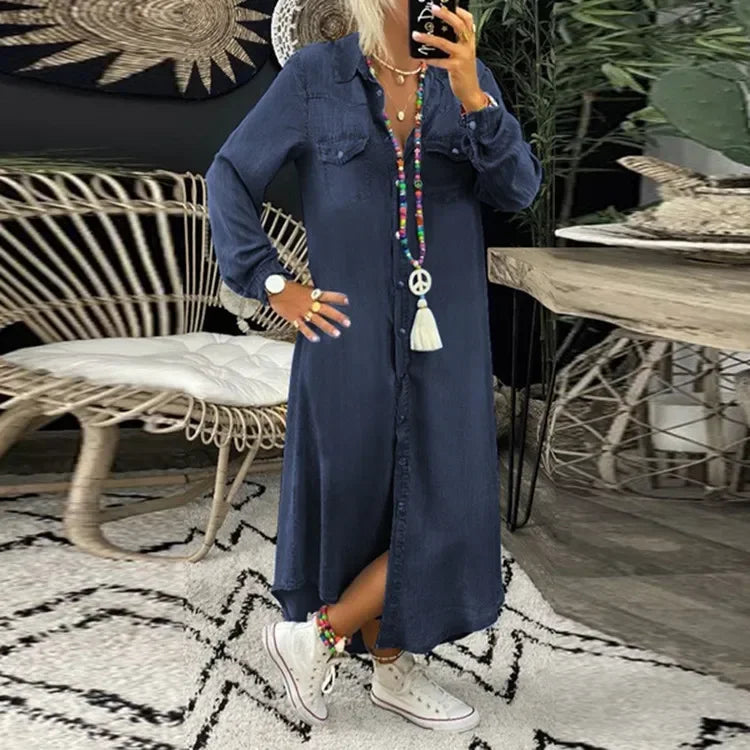 2026 Women's Spring Autumn Denim Dress Blue Long Sleeve Elegant Long Jeans Dresses Female Casual Fashion Holiday Ladies Dress