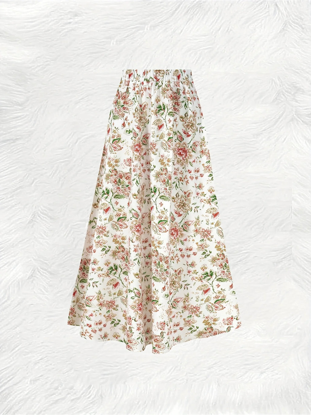 Printed Design Red & White Ditsy Floral Print All-Season Women's Maxi Skirt, Boho Elastic Waist Flowy Half Skirt