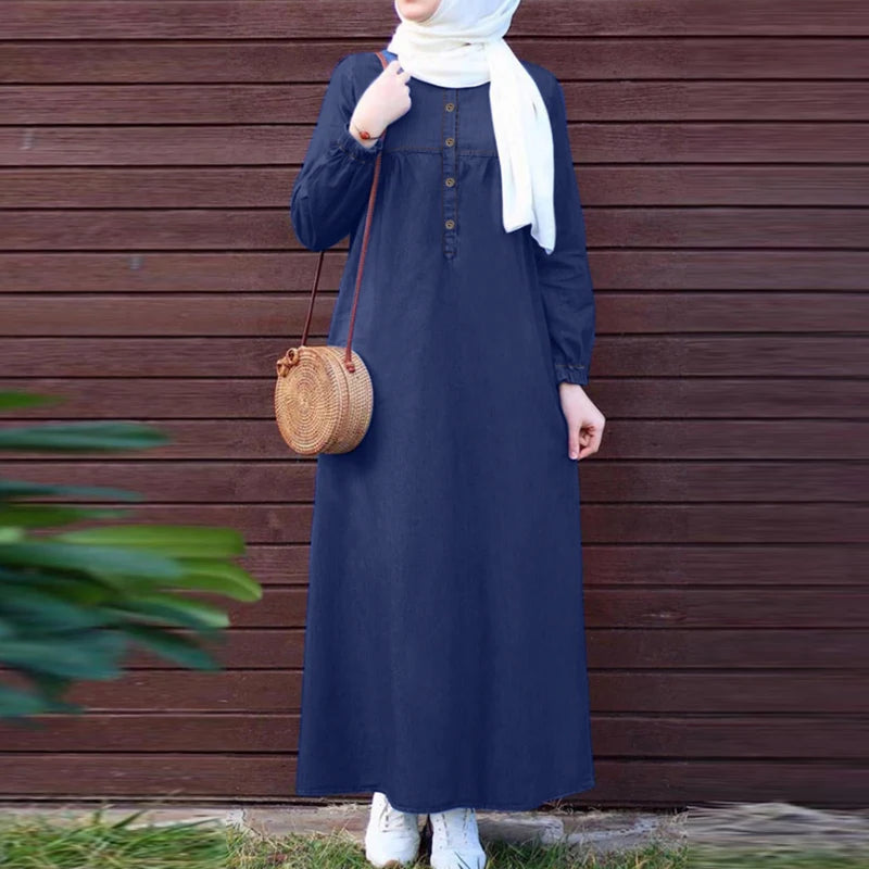 ZANZEA Denim Blue Muslim Hijab Abaya Robes Autumn 2024 Long Sleeve Loose Casual Islamic Maxi Dress Solid Women Kaftan Dresses
