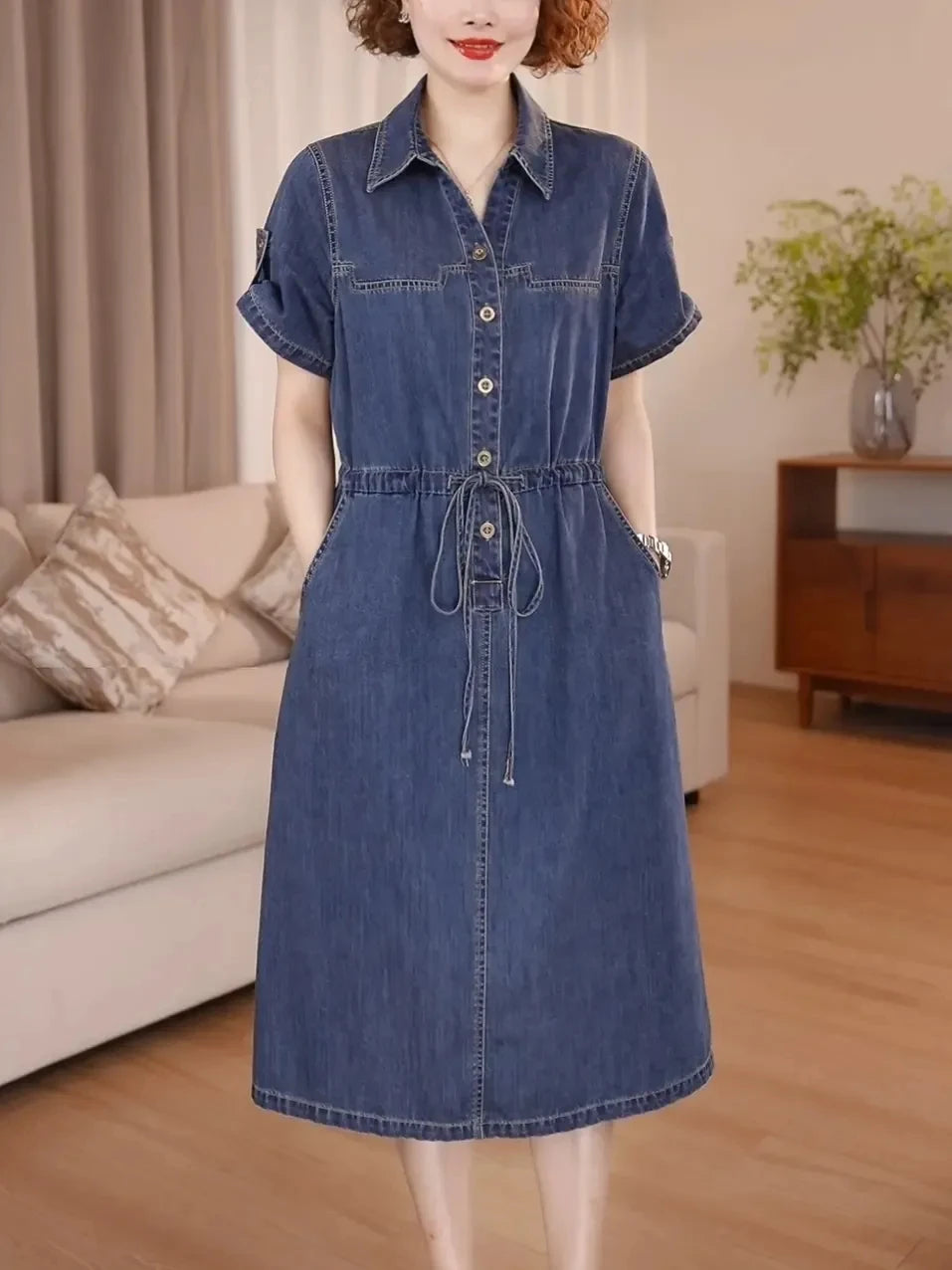 Denim Dress For women Summer 2025 New Female Single Breasted Short sleeved Slim Temperament Casual Dresses With pockets