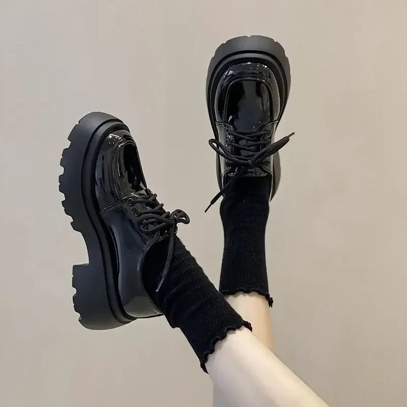 Women's Shoes Platform Flats Autumn Black Loafers Fashion Comfortable Leather Shoes Lace-up Outdoor Casual Oxfords Zapatos Mujer