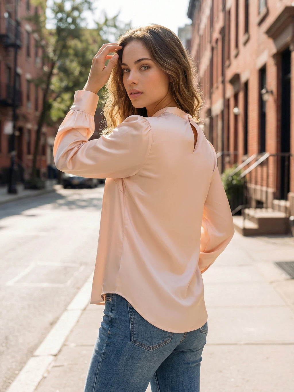 Plus Size Blush Pink Satin Blouse Women High Neck Pleated Long Sleeve Elegant Office Work Shirt