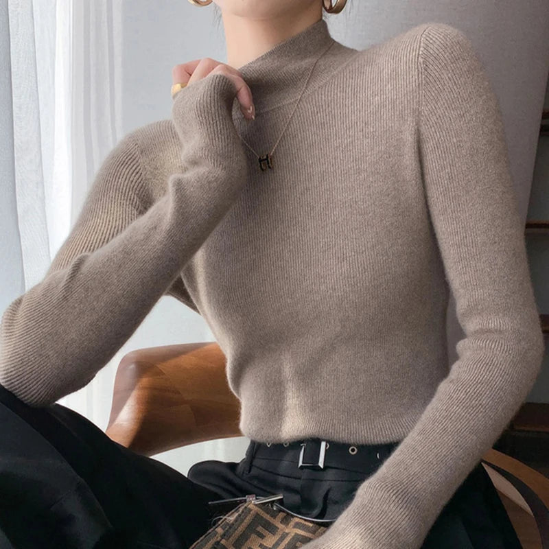 2026 Women's Slim Fit Long Sleeve Base Pullover Knitted Solid Color Turtleneck Sweater French Versatile Autumn Winter Warm Tops