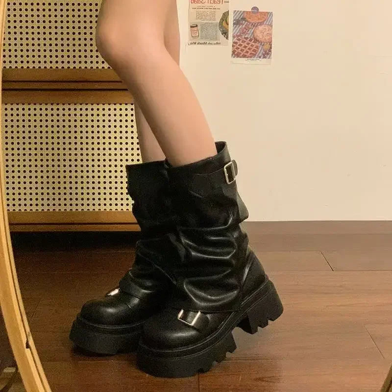 Women  Mid-Calf Women's Boots Platform Modern Boots Women Buckle Square Toe Side Zip Square Heel Shoes Female