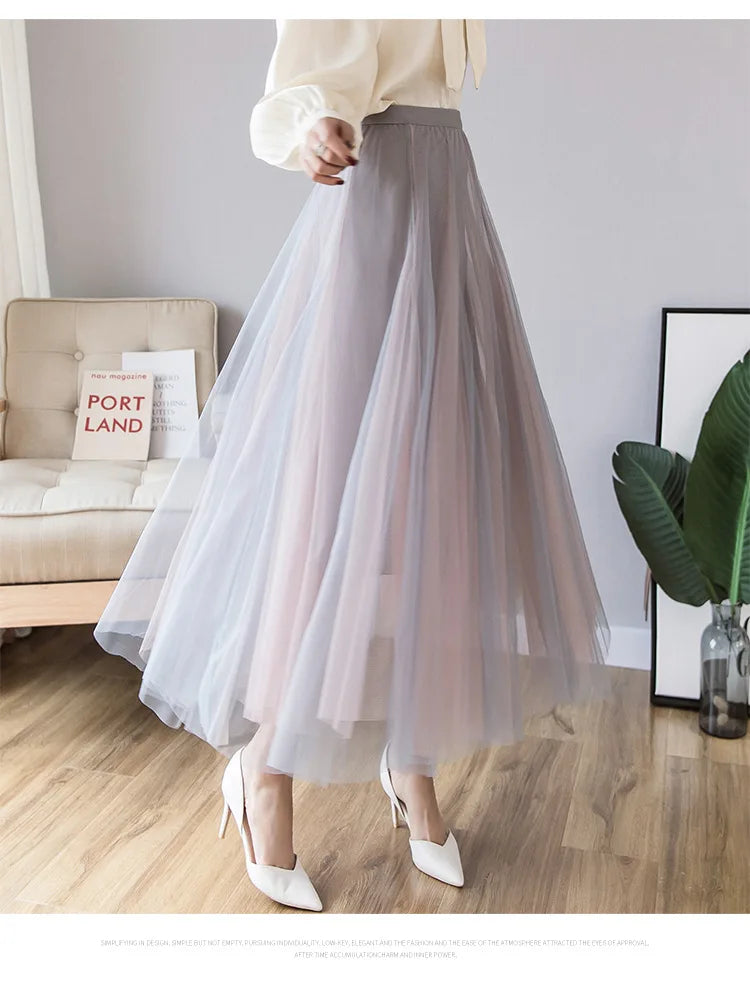 Vintage 100cm Long Tulle Maxi Skirt for Women Korean Style High Waist Elastic Mesh Pleated Tutu Skirt Female Jupe Longue