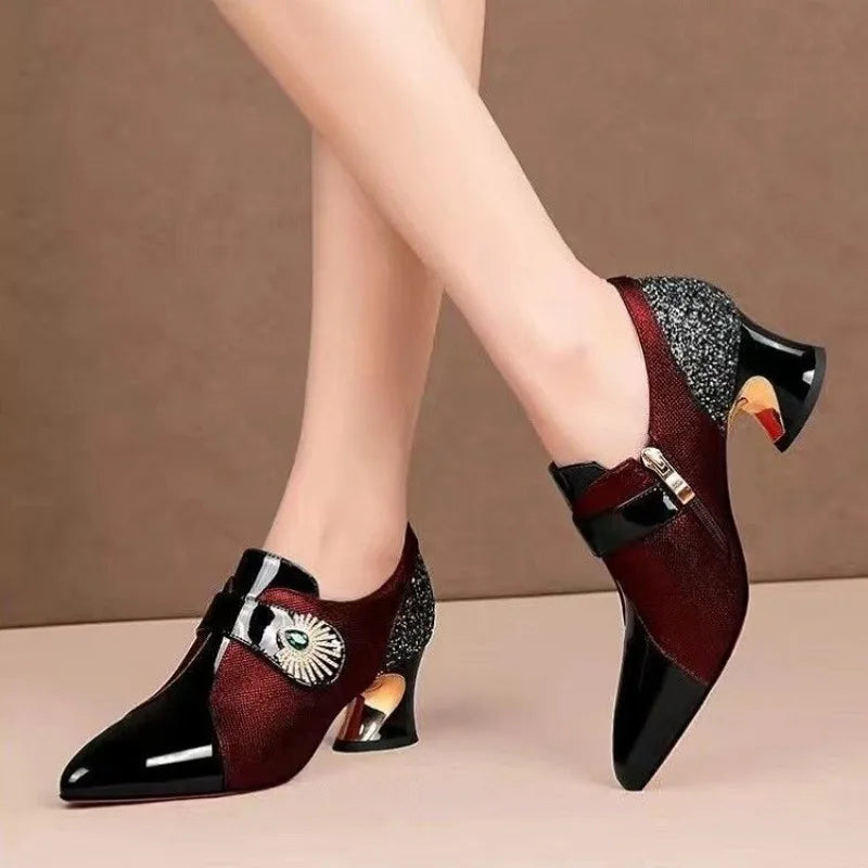 Deep Mouthed Color Blocked High Heels 2025 Spring Autumn New Style Thick Heel Fashionable Pointed Side Zipper Leather Shoes