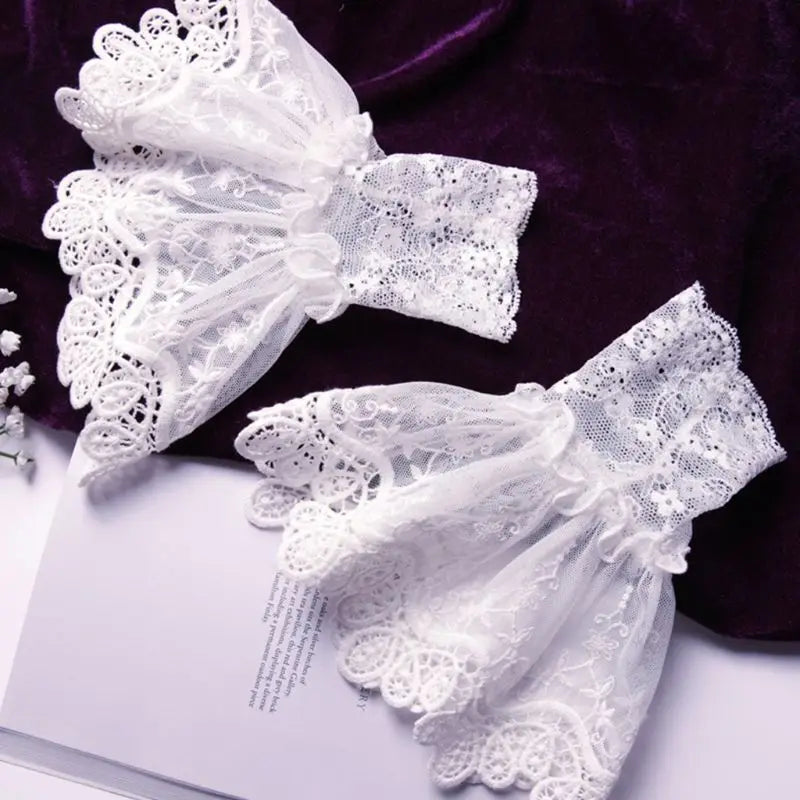 Female Fake Sleeves Hollow Out Crochet Floral Lace Horn Cuffs Embroidery Flounces Ruffles Elastic Wrist Warmers