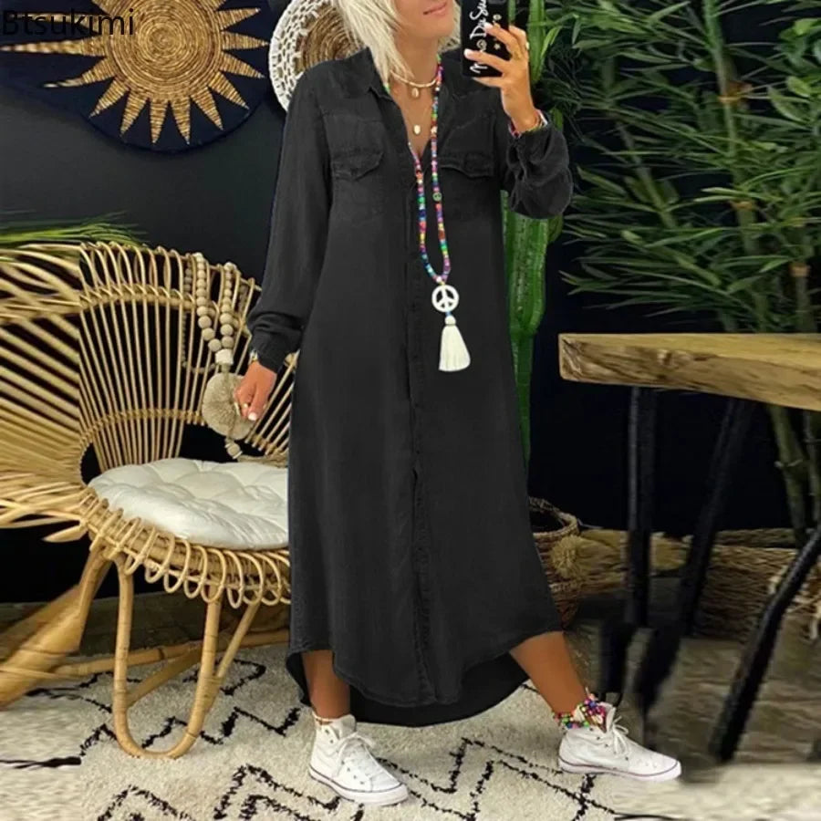 2026 Women's Spring Autumn Denim Dress Blue Long Sleeve Elegant Long Jeans Dresses Female Casual Fashion Holiday Ladies Dress