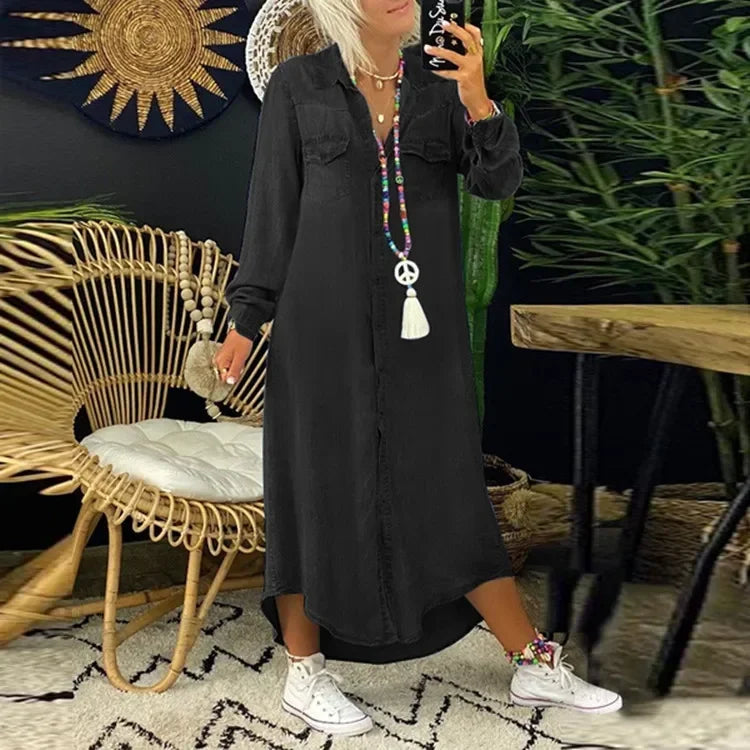 2026 Women's Spring Autumn Denim Dress Blue Long Sleeve Elegant Long Jeans Dresses Female Casual Fashion Holiday Ladies Dress