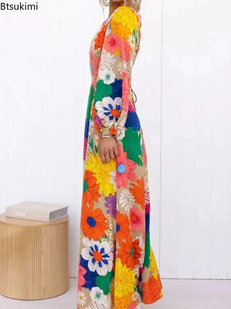 Boho Floral Lace-Up A-Line Maxi Dress