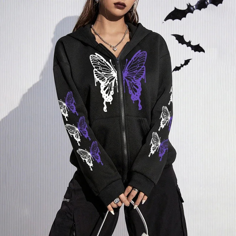 Butterfly Print Y2K Zip-Up Hoodie
