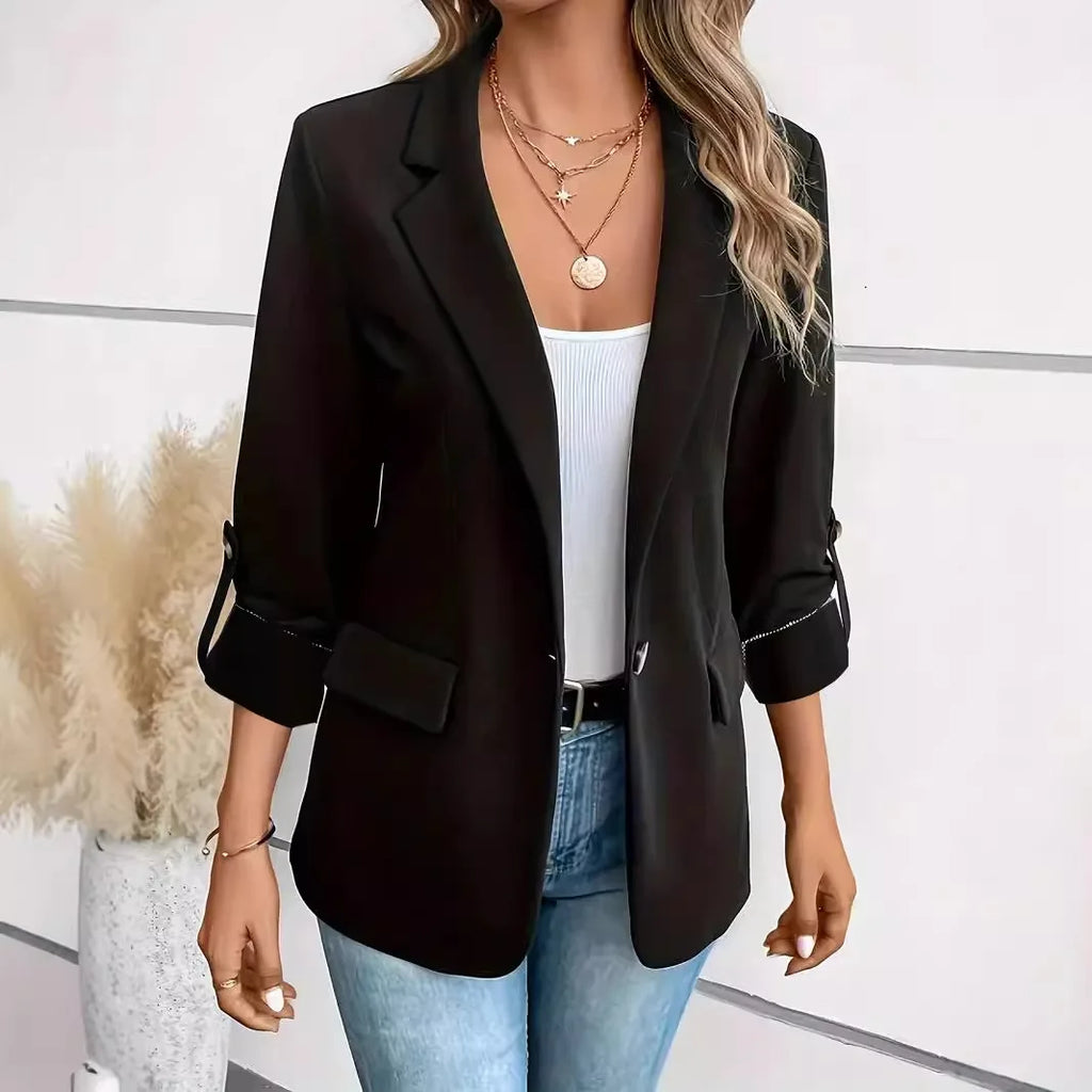 Blazers Long Sleeve Women Suits Blazer Single Button Solid Loose Fit Turn Down Collar Pockets Casual 2025 Summer