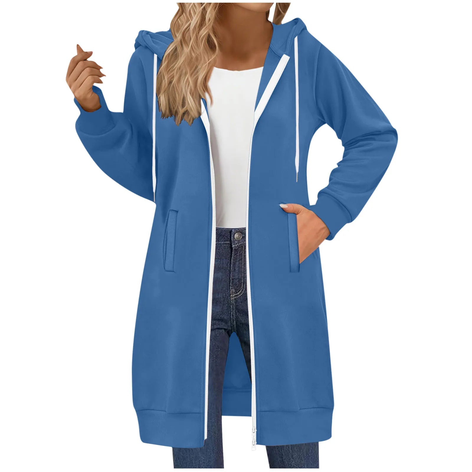 Women's Clothing Long Sweatshirt Casual Versatile Drawstring Long Sleeve Hooded Jacket with Pockets