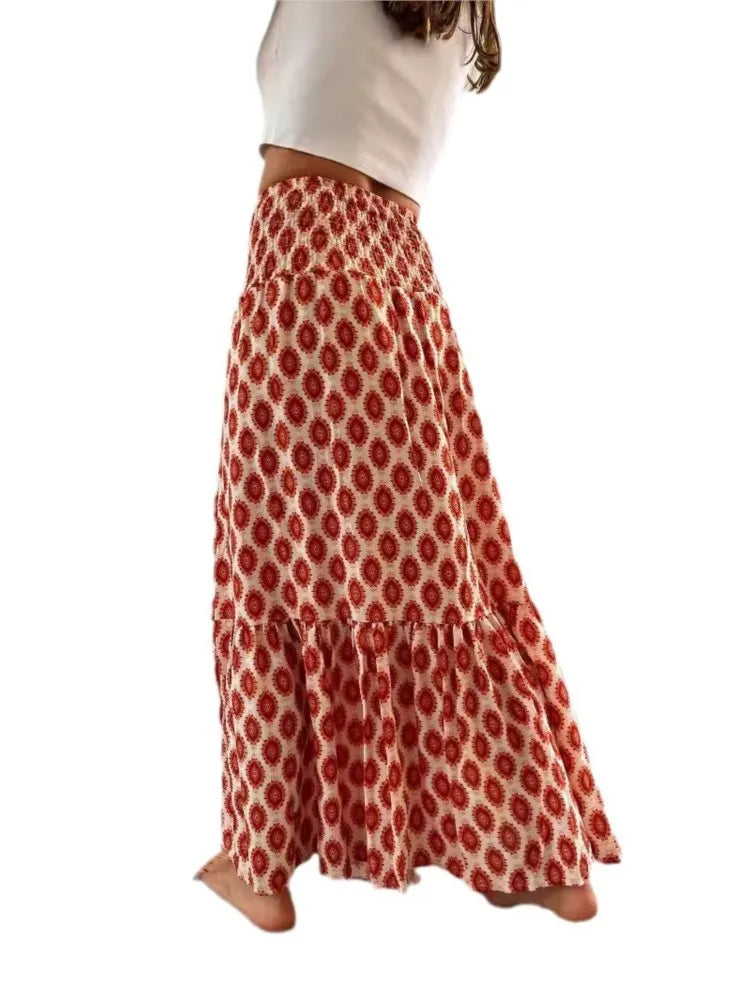 Elastic Waist Floral Print Boho Midi Skirt