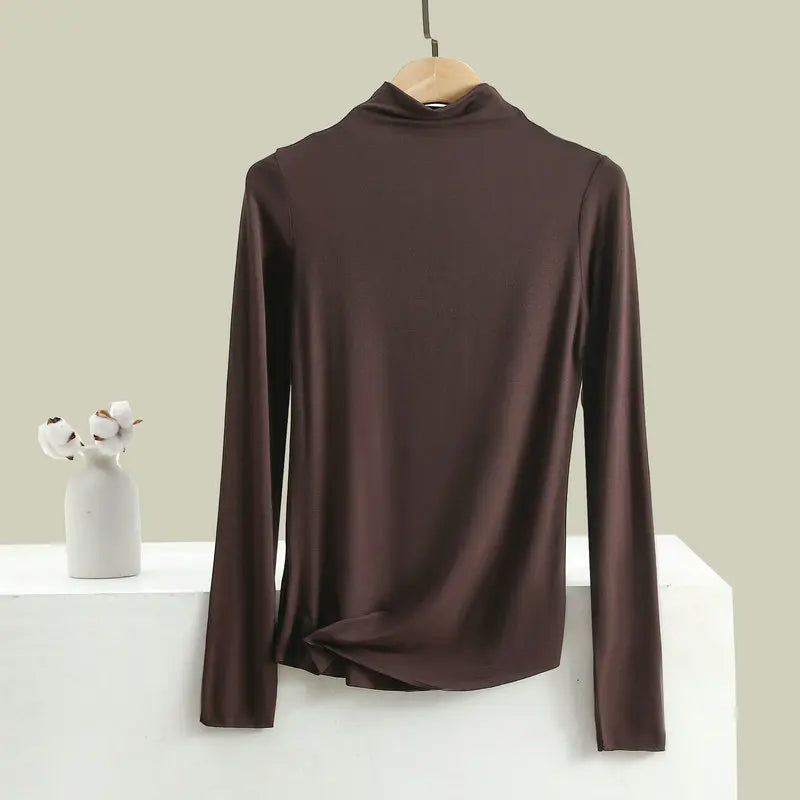 Women Autumn Bottoming Tshirt Long sleeves Mockneck Seamless T-shirt wear inside winter Tee Tops All match