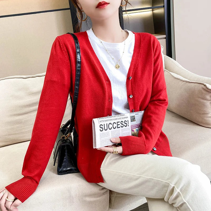 Spring Autumn Women Cardigans Loose Solid Single Breasted V-neck Pink Red Fashion Cardigan Jumpers Knitwear 2025