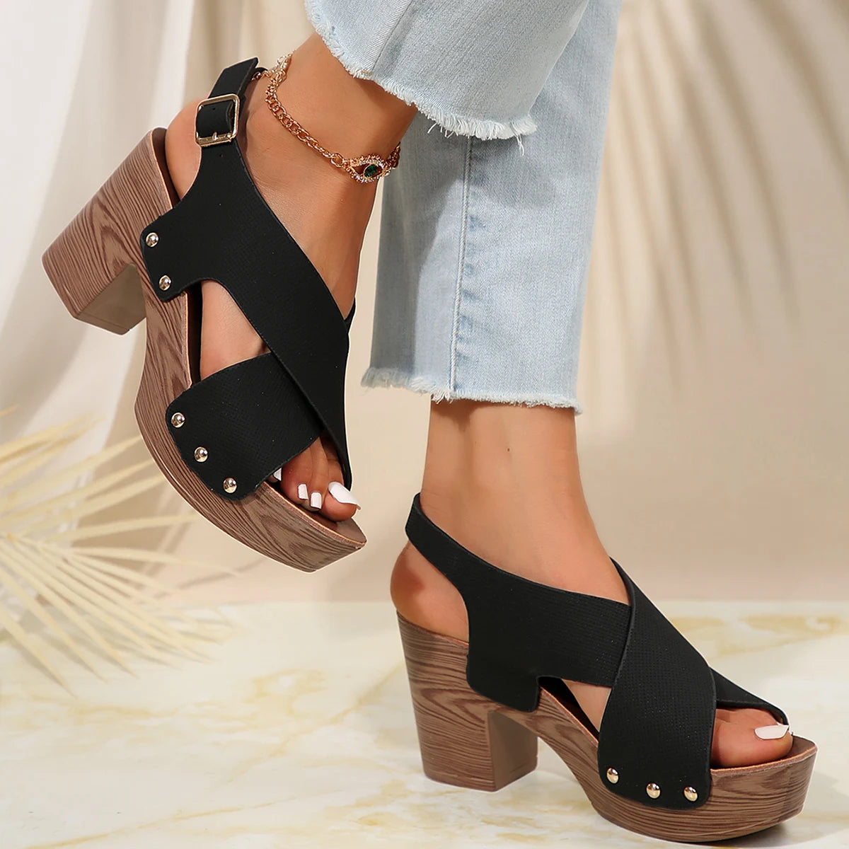 2024 New Women Sandal Platform Heeled Shoes Slingback Shoes Peep Toe Chunky Heel Studded Platform Sandals Shoes for Women