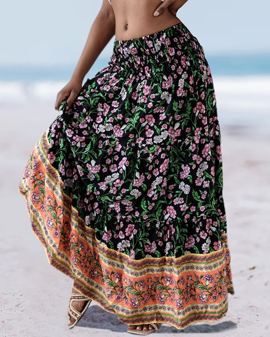 Smocked Tiered Boho Floral Maxi Skirt