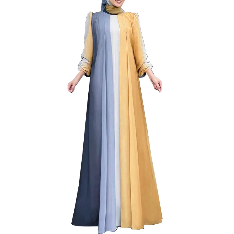 ZANZEA Elegant Women Long Sleeve Contrast Color Robe Maxi Dress Muslim Abaya Hijab Dresses Pleated Vestidos Eid Mubarek Sundress