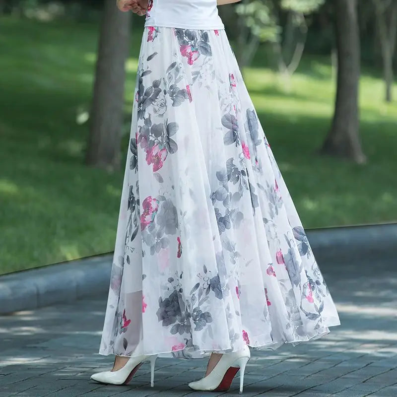 Floral Print Chiffon High Waist Boho Skirt