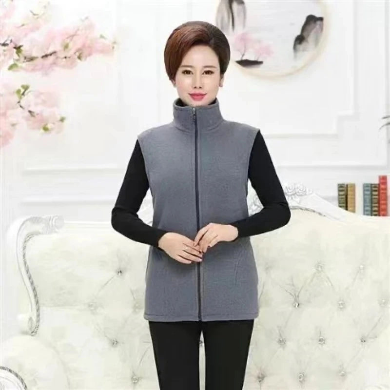 Spring Autumn Women Vest Jacket Middle-Aged Casual Solid Sleeveless Gilet Femme Pocket Short Waistcoat