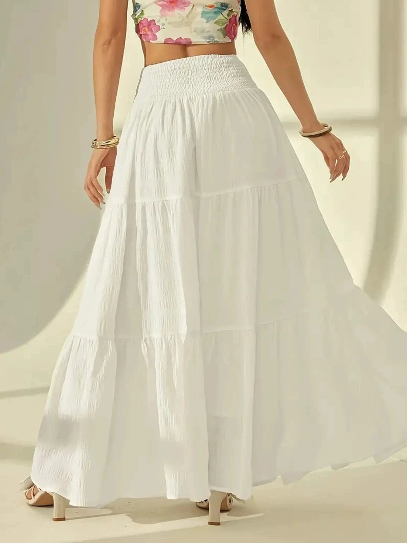 Summer Women White Tiered Maxi Skirt, High Waisted Elastic Waist Pleated Flowy Long Skirt