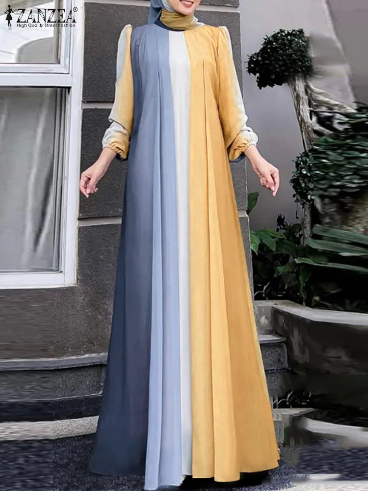 ZANZEA Elegant Women Long Sleeve Contrast Color Robe Maxi Dress Muslim Abaya Hijab Dresses Pleated Vestidos Eid Mubarek Sundress