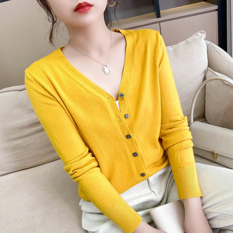 Spring Autumn Women Cardigans Loose Solid Single Breasted V-neck Pink Red Fashion Cardigan Jumpers Knitwear 2025