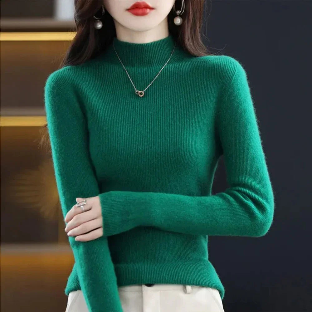 Temperament Pleated Pullover Sweater For Women Long-Sleeve Female S-2XL Siz Half High Collar Underlay Sleeve Sweater Slim Fit