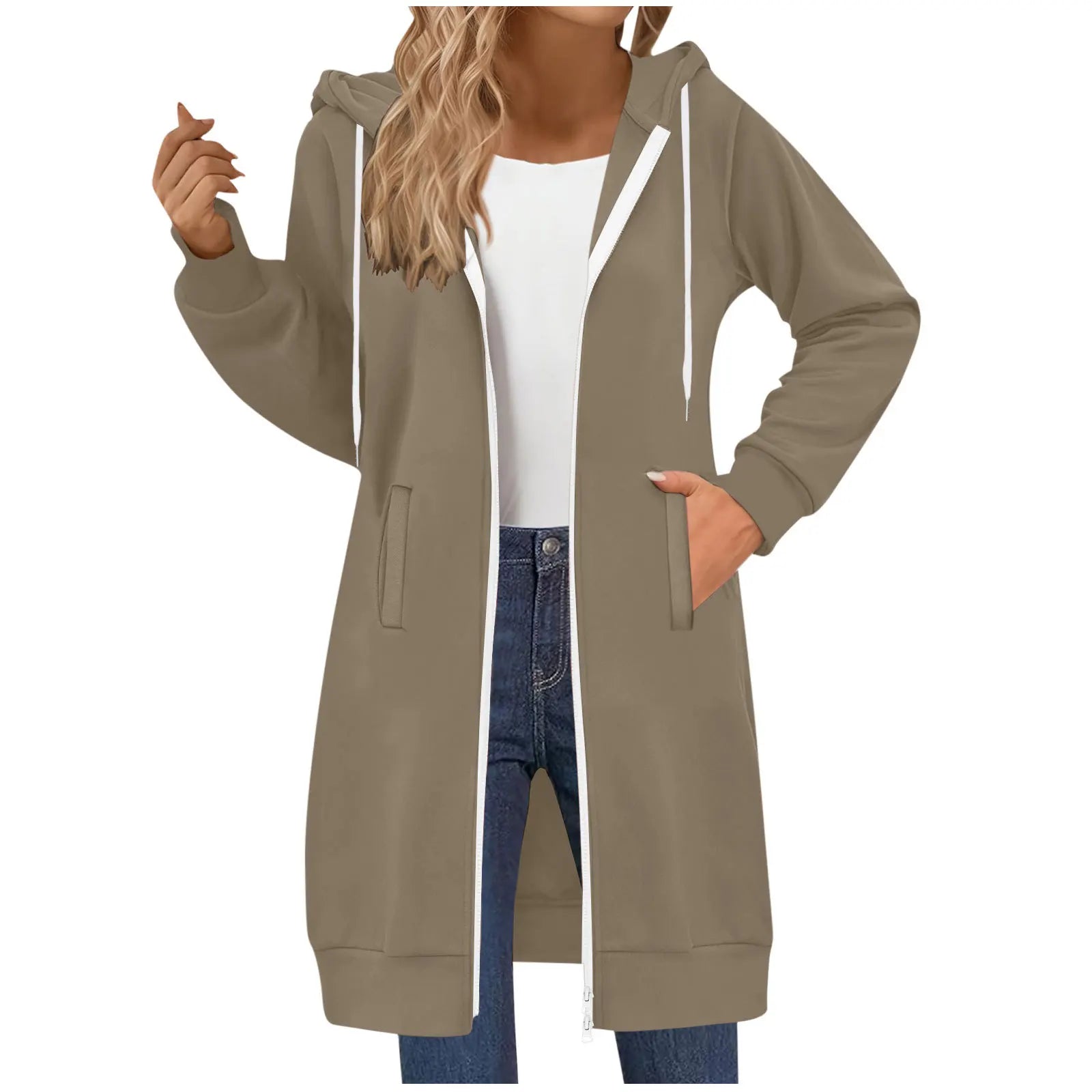 Women's Clothing Long Sweatshirt Casual Versatile Drawstring Long Sleeve Hooded Jacket with Pockets