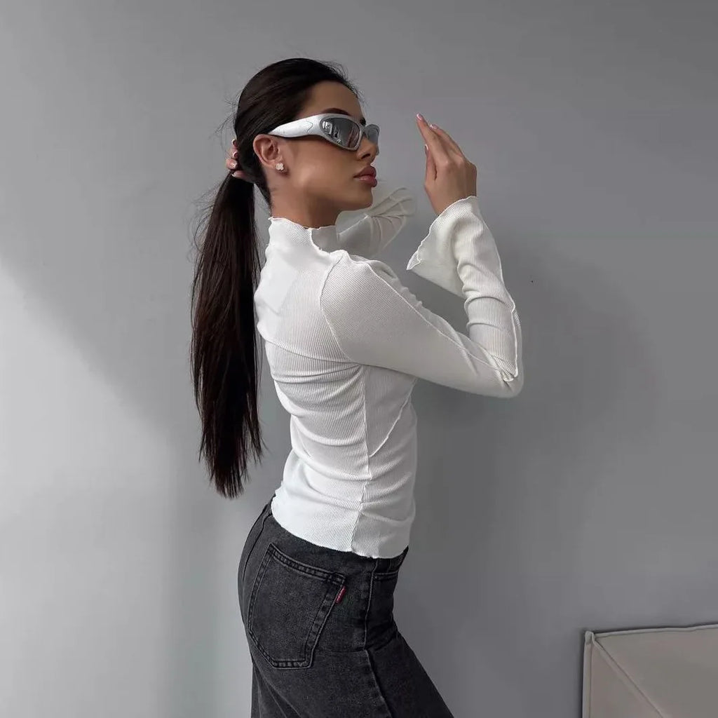 Long Sleeve T-shirts Women Round Neck Line Irregular Hem Knitted Flared Sleeves Autumn Bottoming Tee Chic Fashion Sexy Solid New