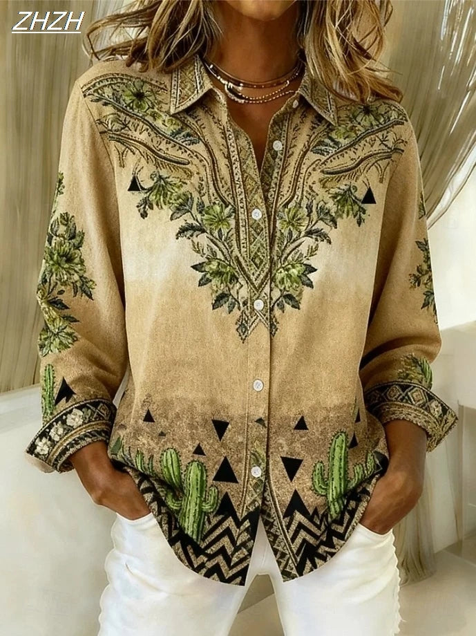 Women's Shirt Blouse Floral Graphic Geometric Bohemia Vintage Casual Long Sleeve Shirt Collar Regular Tops Fall Winter