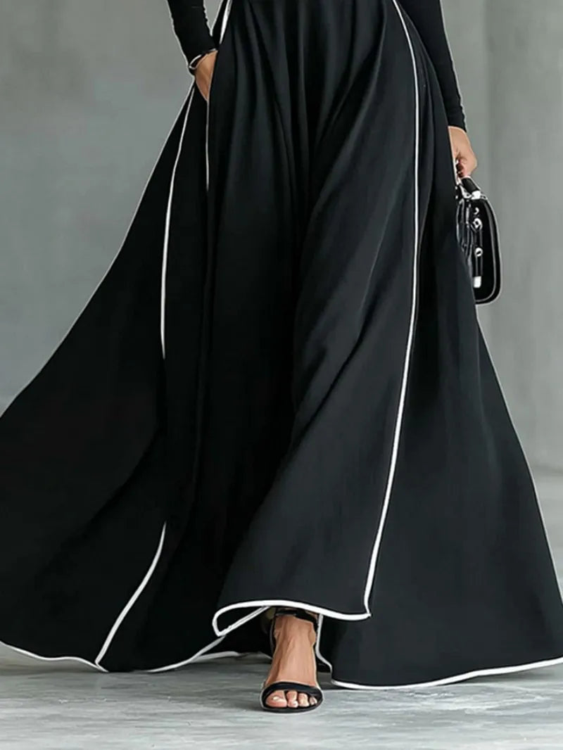 Women Elegant Turtleneck Maxi Dress Striped Print With Pockets Tight Belt Long Skirt Dresses Long Sleeve Office Party Dresses