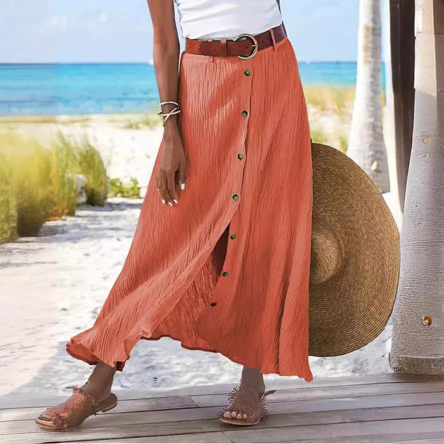 Cotton Linen Button-Front A-Line Maxi Skirt