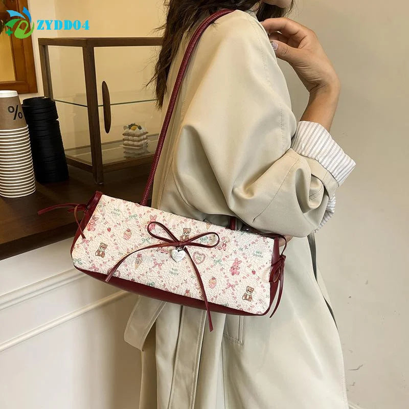●1Pcs Sweet Bow Shoulder Bag Cartoon Print Underarm Bag Female Tote Bag Large Capacity Commuter Handbag Holiday Gift