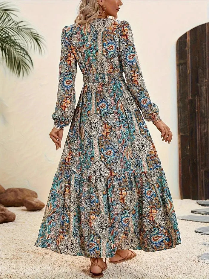 Fashion Ruffles Print Maxi Dress Women Autumn Long Sleeve Lace Up Long Dress Boho Elastic Waist A-line Vestidos