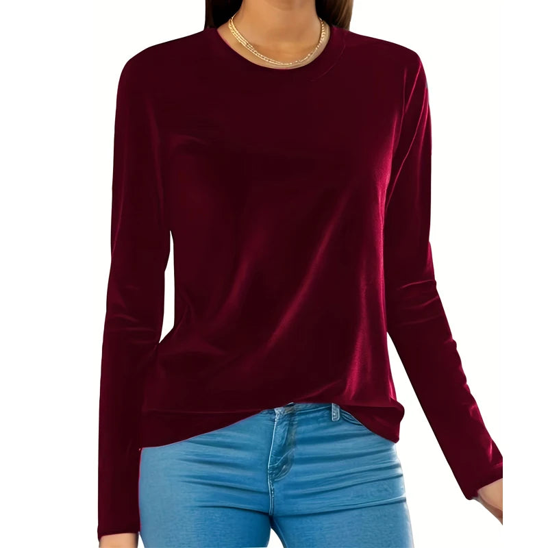 Plus Size Women's Tops 2025 New Solid Color Round Neck Long Sleeve Shirt Slim Stretchy Blouse Casual Loose Fit Tunic Top 1XL-5XL