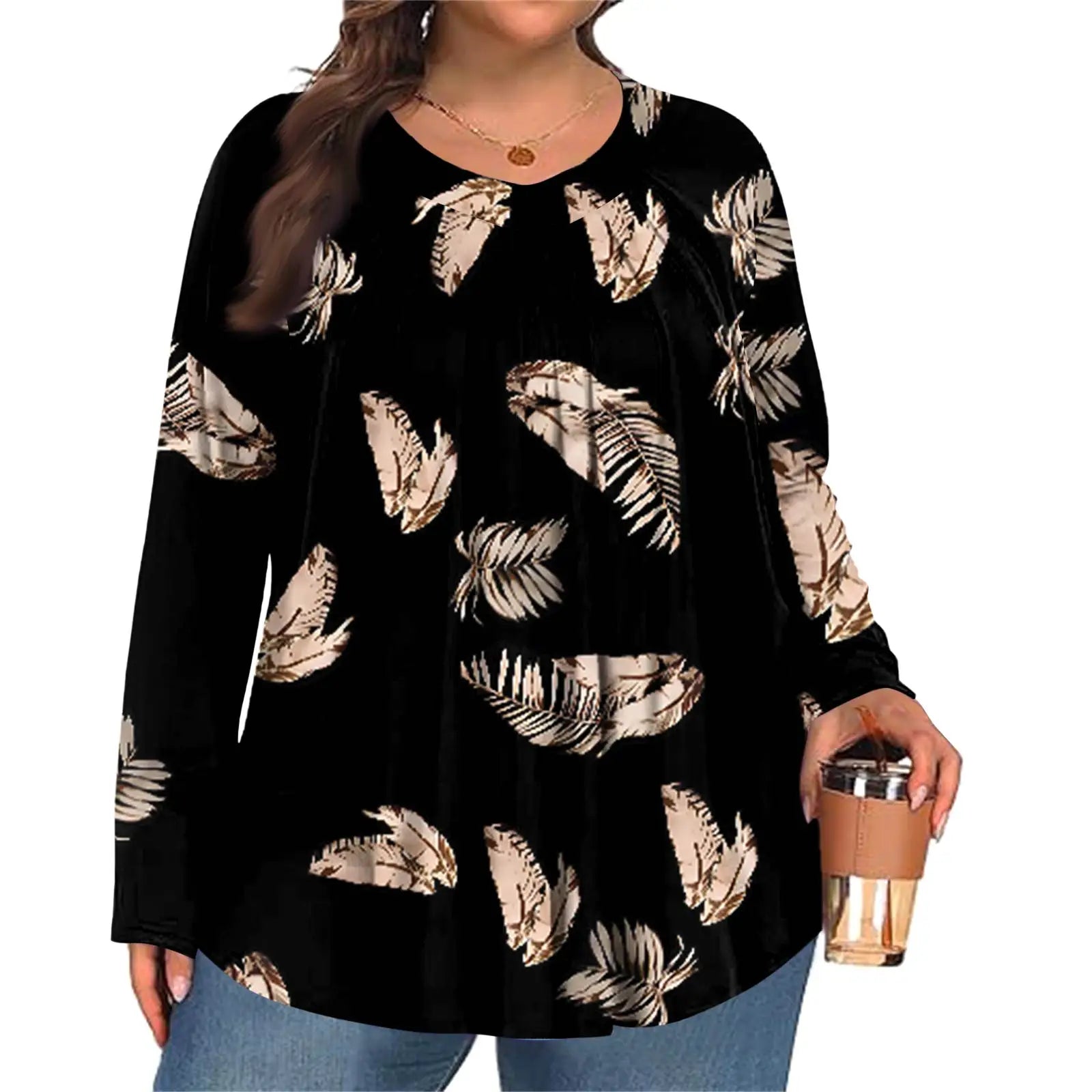 Plus Size Long Sleeve Top for Women Fashion Retro Floral Print Pleated Round Neck T-shirt Female Casual Autumn Base Shirt