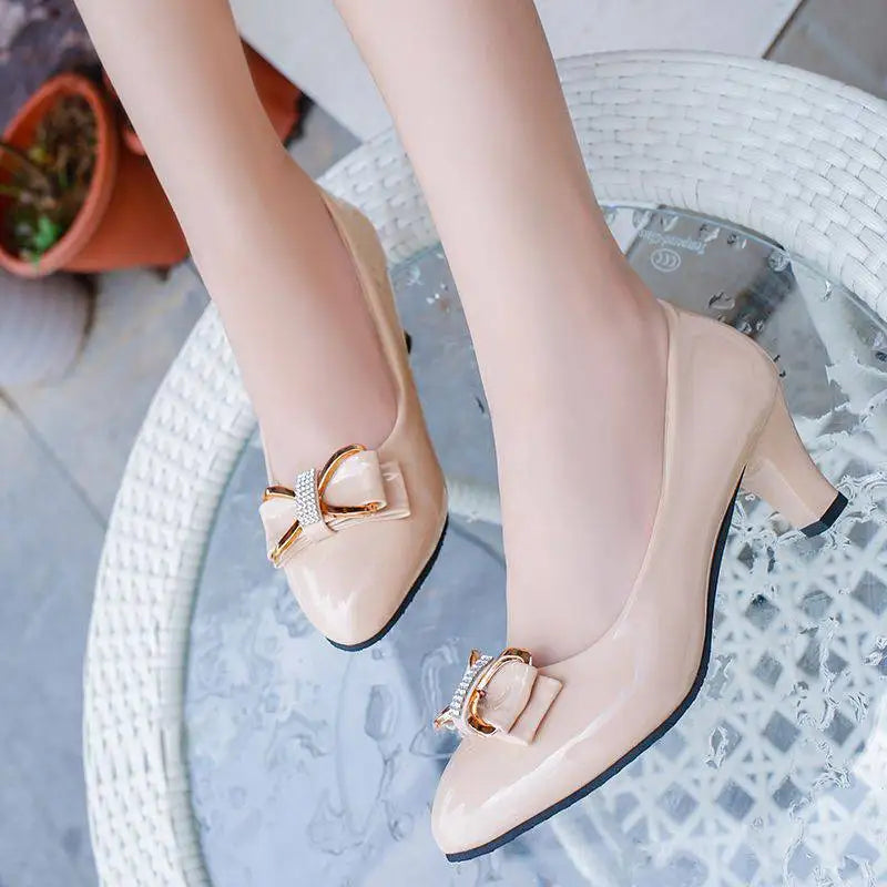 Women High Heels Low Heels Fashion Bow patent leather Professional Work Casual Shoe Woman Wedding Party Shoes Large Size 42