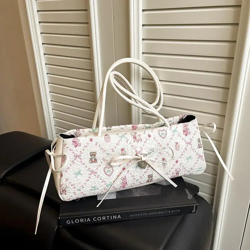 ●1Pcs Sweet Bow Shoulder Bag Cartoon Print Underarm Bag Female Tote Bag Large Capacity Commuter Handbag Holiday Gift